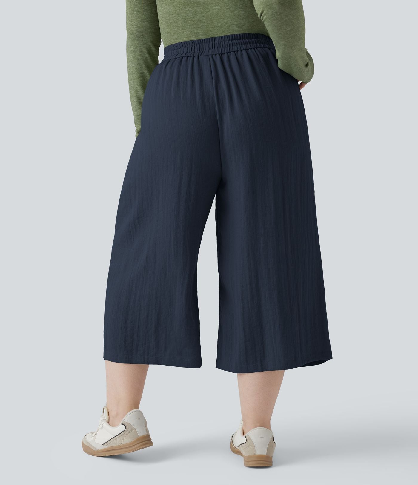 Pantalon grande taille large fluide taille haute avec cordon de serrage, poches et aspect lin