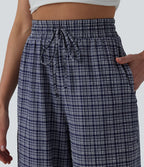 Pantalon large casual taille haute carreaux froissés à séchage rapide avec cordon de serrage et poches zippées