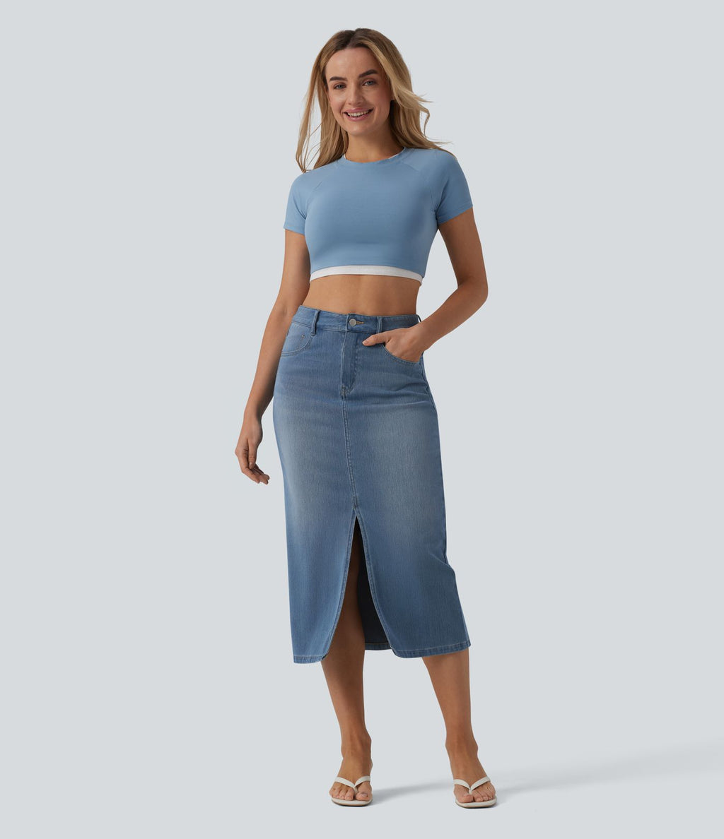 Halara Flex™ Jupe droite midi en denim taille haute avec fente et poches