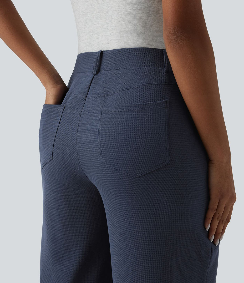 Pantalon décontracté large taille mi-haute gaufré avec poches