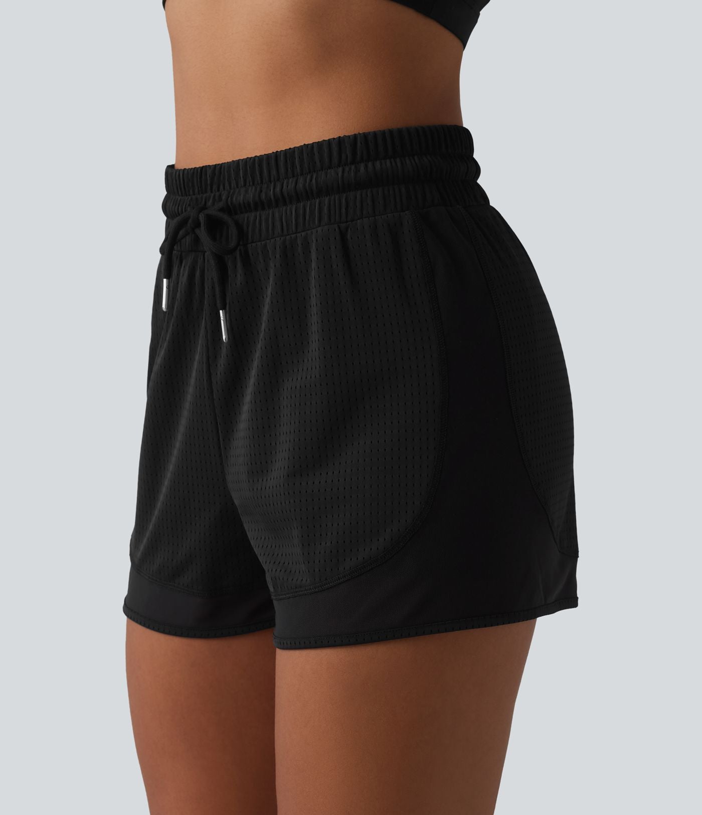 Short de sport 2 en 1 taille haute, cordon de serrage et œillets, en maille respirante