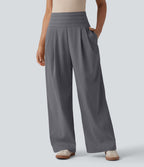 Pantalon large casual aspect lin taille très haute smocké réglable avec poches