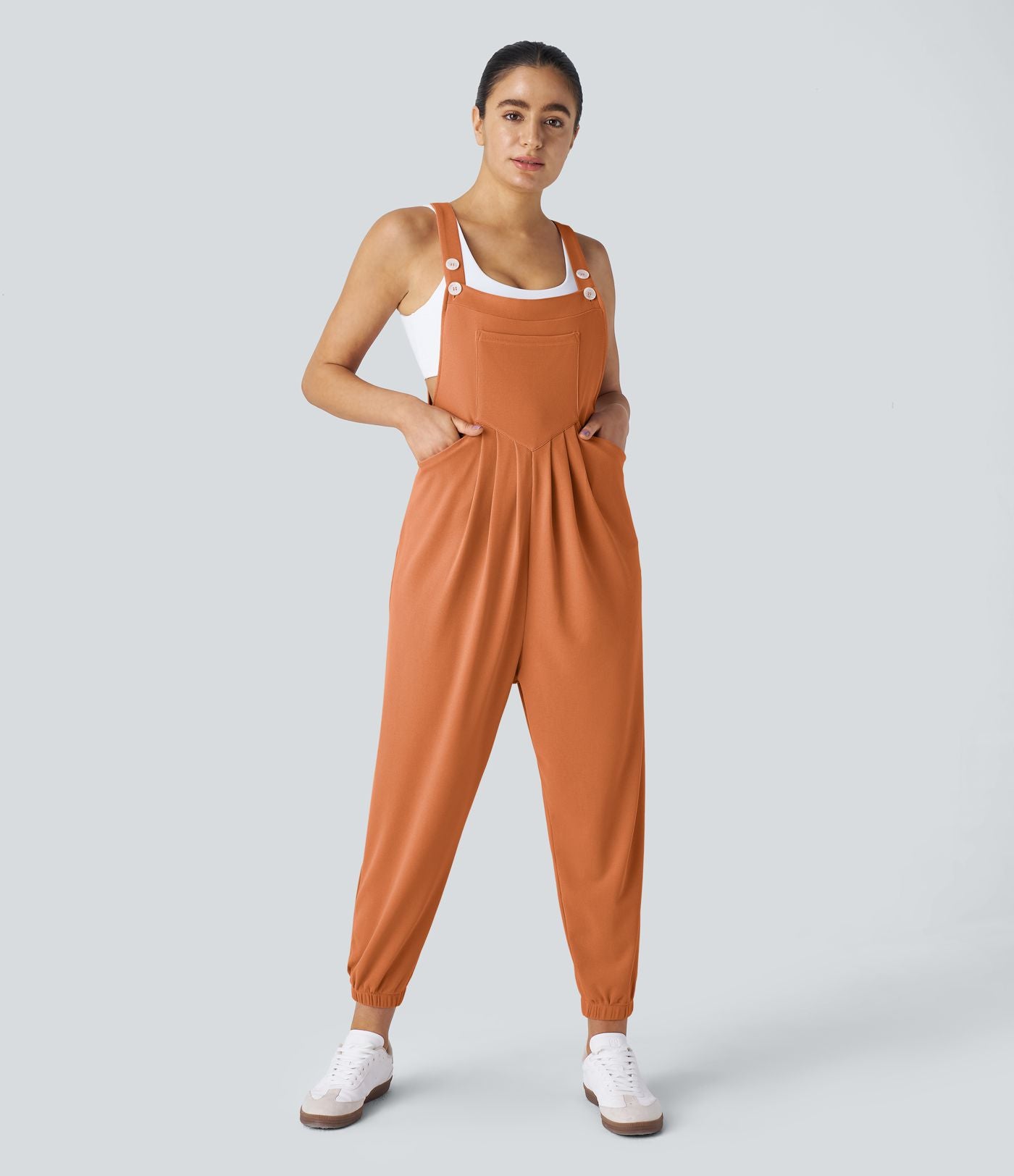 Salopette Casual Bretelles Ajustables Boutonnés Multiples Poches Plis et Tissu Gaufré