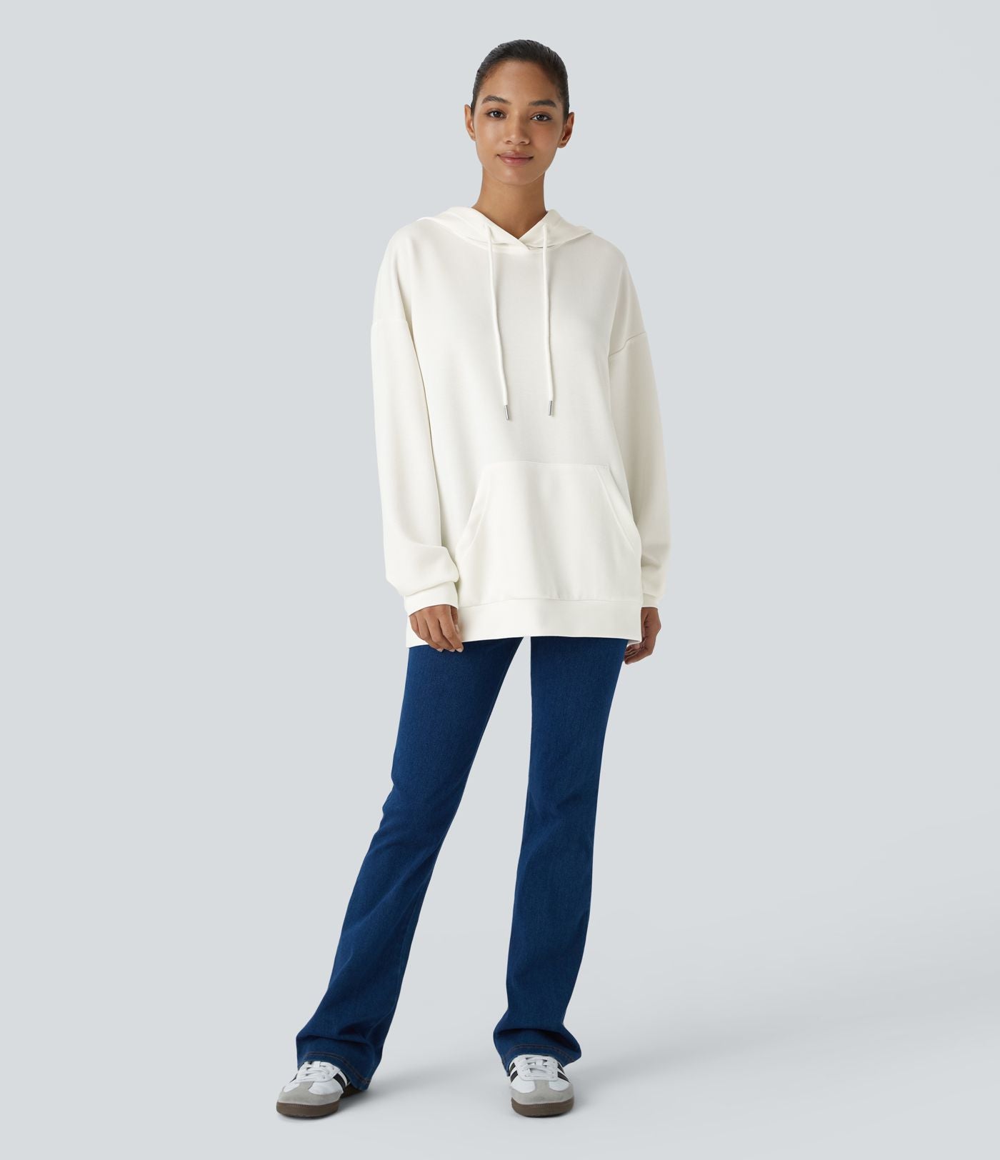 Sweat-shirt décontracté à capuche avec cordon de serrage, manches longues, poche kangourou, coupe croisée et fente