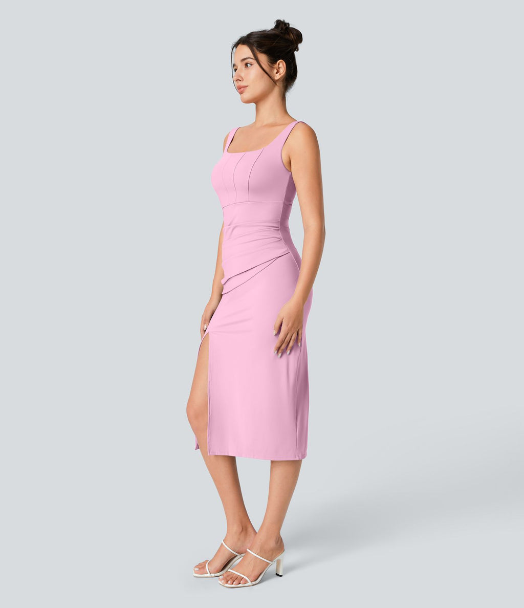 Robe corset midi moulante ruchée à encolure carrée, dos nu, brassière intégrée