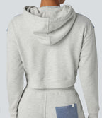 Veste en jean patchwork à capuche avec cordon de serrage et manches longues Halara Flex™