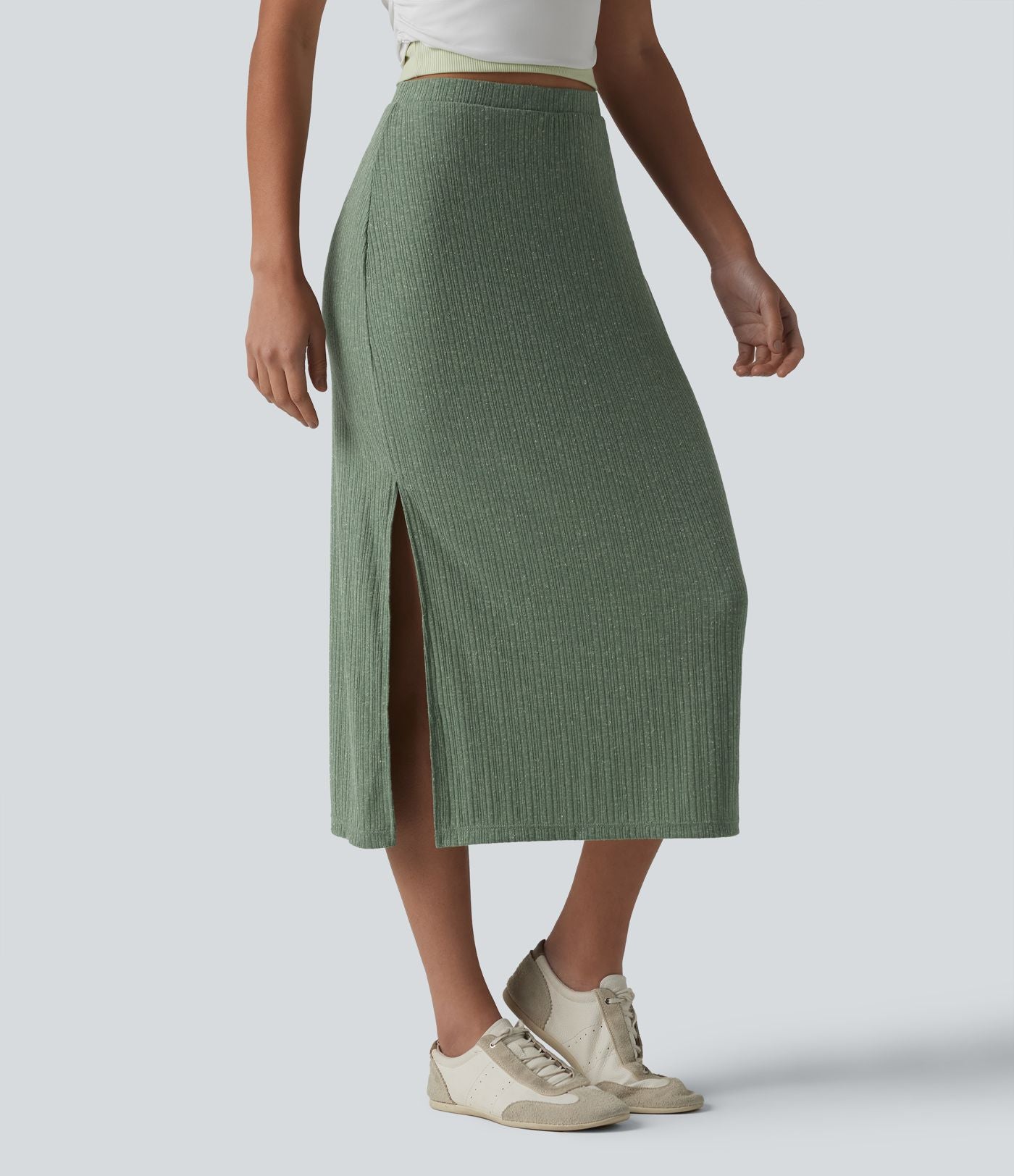 Jupe midi moulante côtelée taille haute aspect lin décontractée