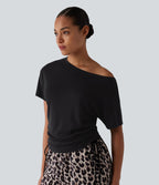 T-shirt décontracté asymétrique manches courtes avec cordon de serrage mélange laine