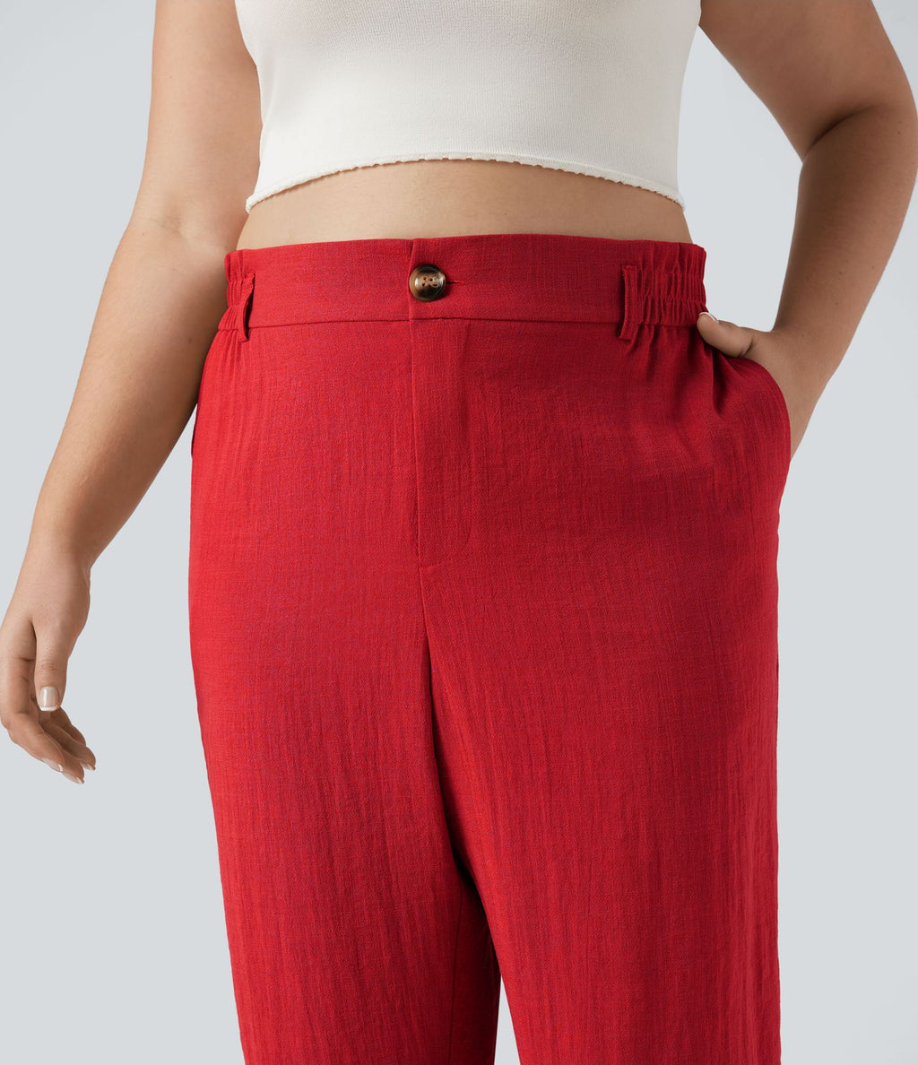 Pantalon de villégiature capri effet lin, grande taille, taille haute, avec poches