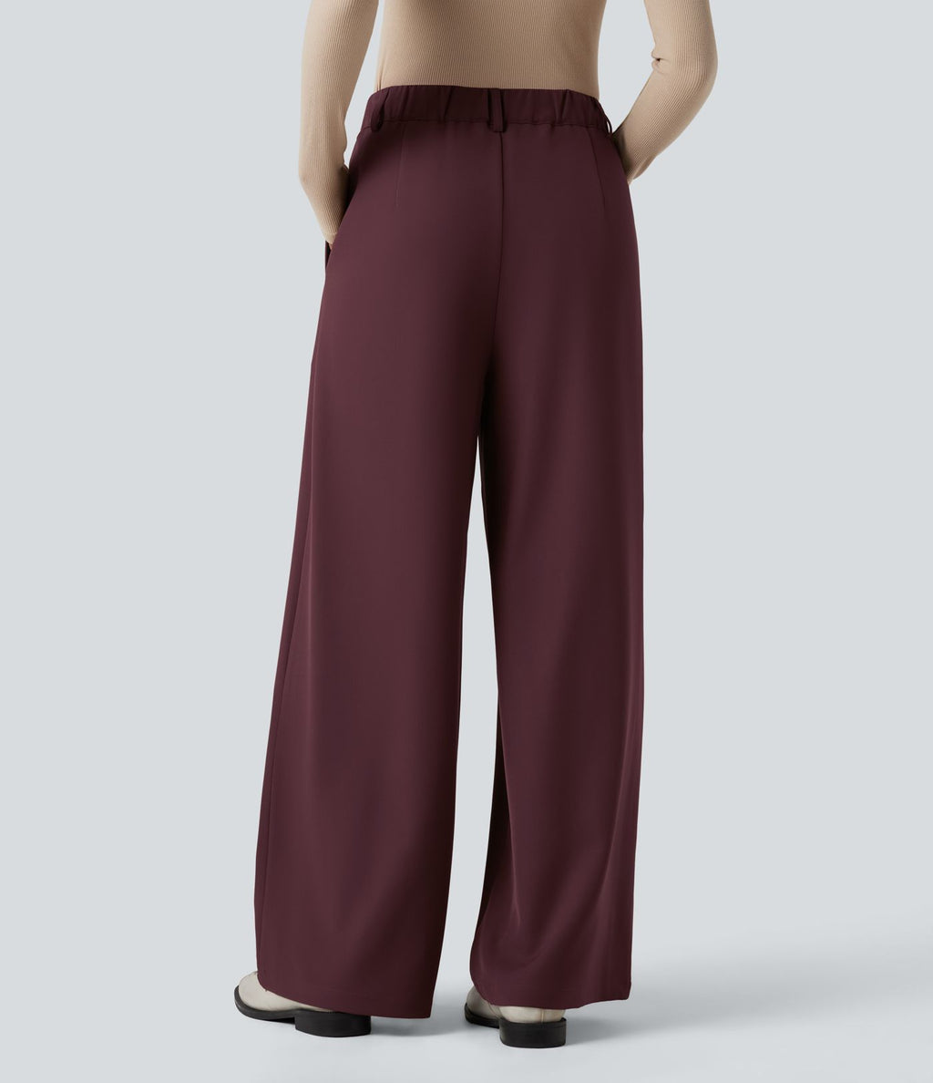 Pantalon tailleur large, taille haute, à poches