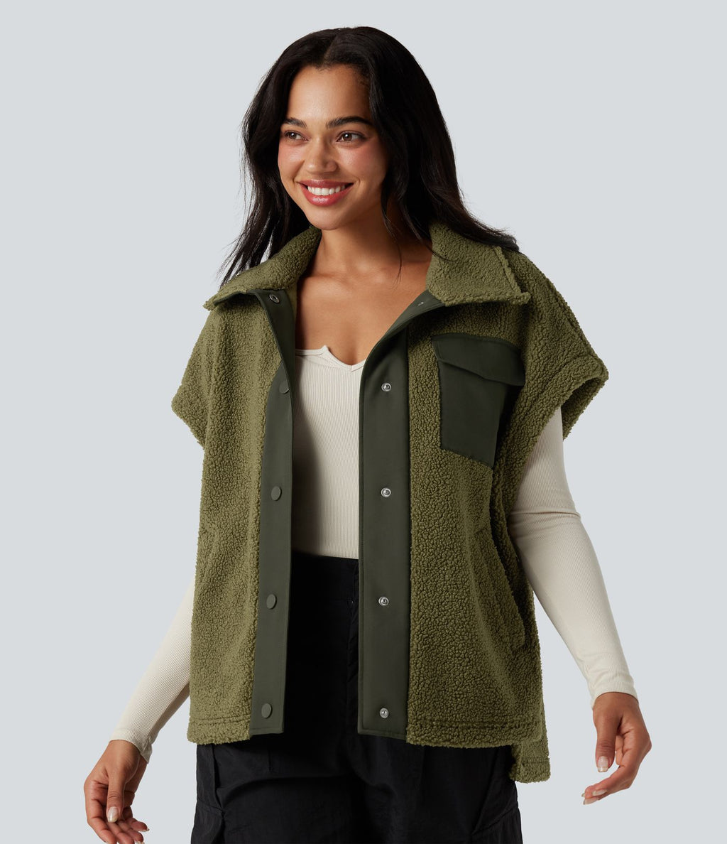 Gilet sherpa randonnée color block col montant manches courtes avec poches