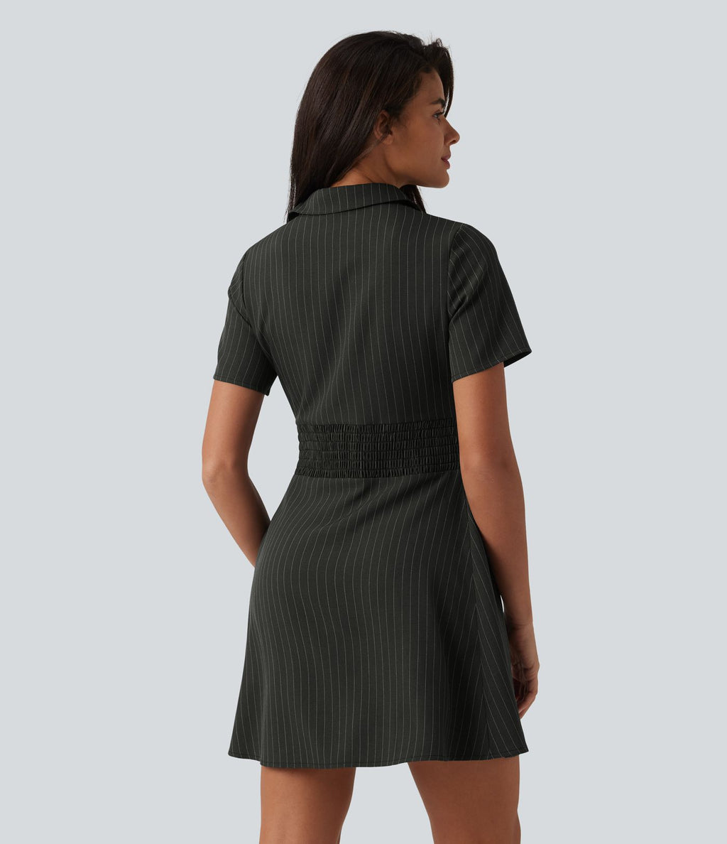Robe chemise courte casual col manches courtes avec fronces et taille cintrée à rayures