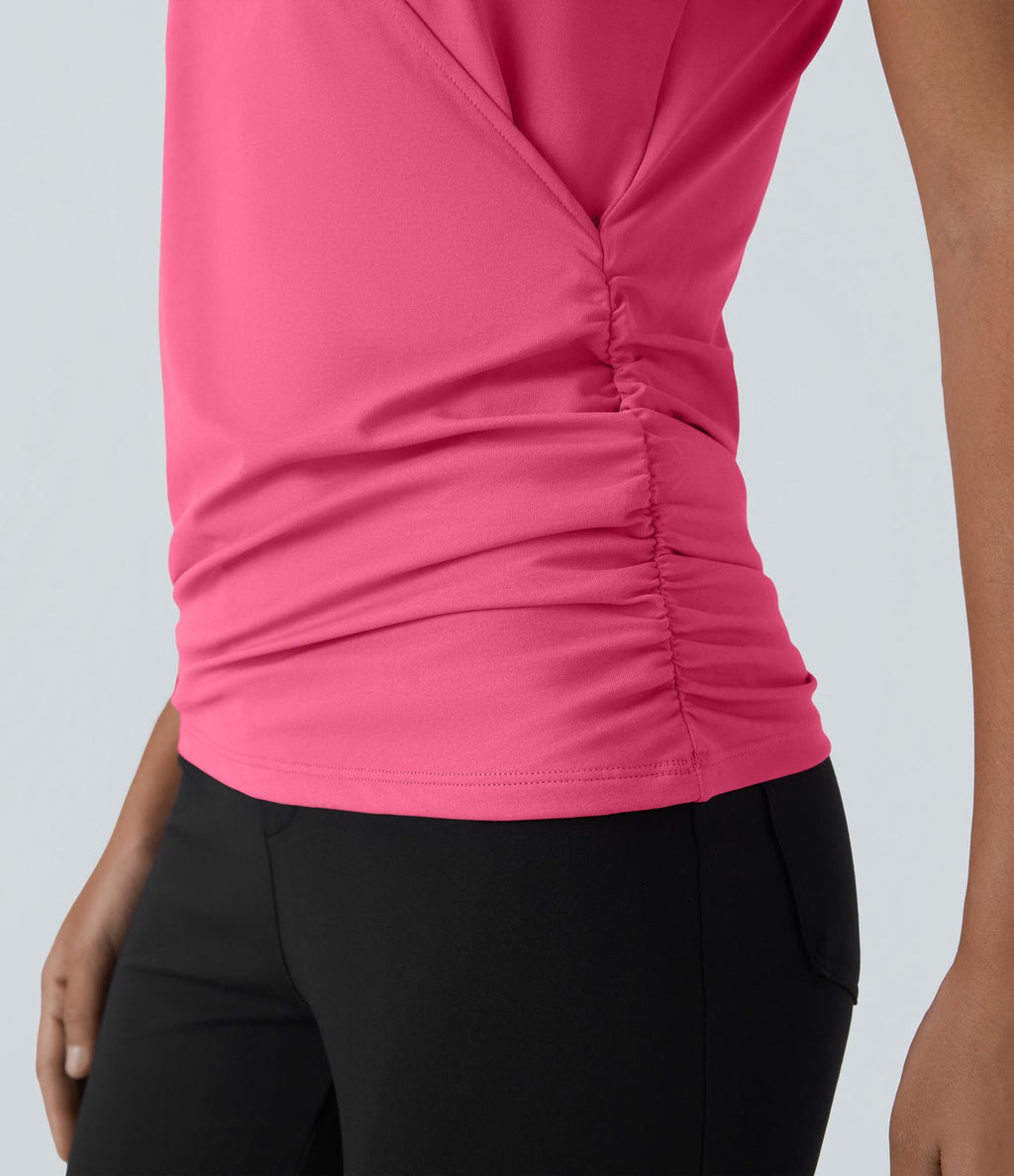 Blouse Travail Unie Froncée Croisée Manches Courtes Col en V