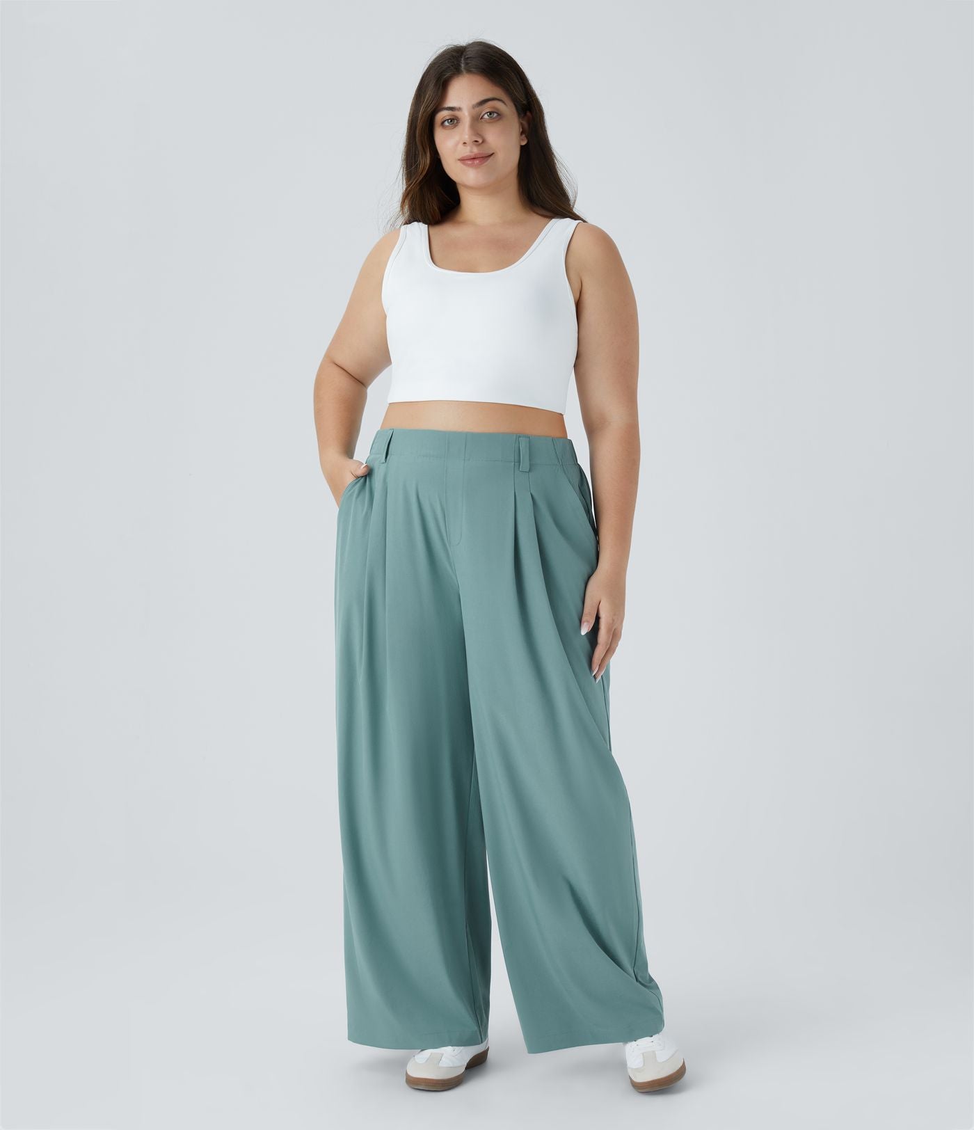 Breezeful™ Pantalon Évasé Palazzo Grande Taille Casual Taille Haute avec Plis Poche Latérale Fluide Uni et Séchage Rapide