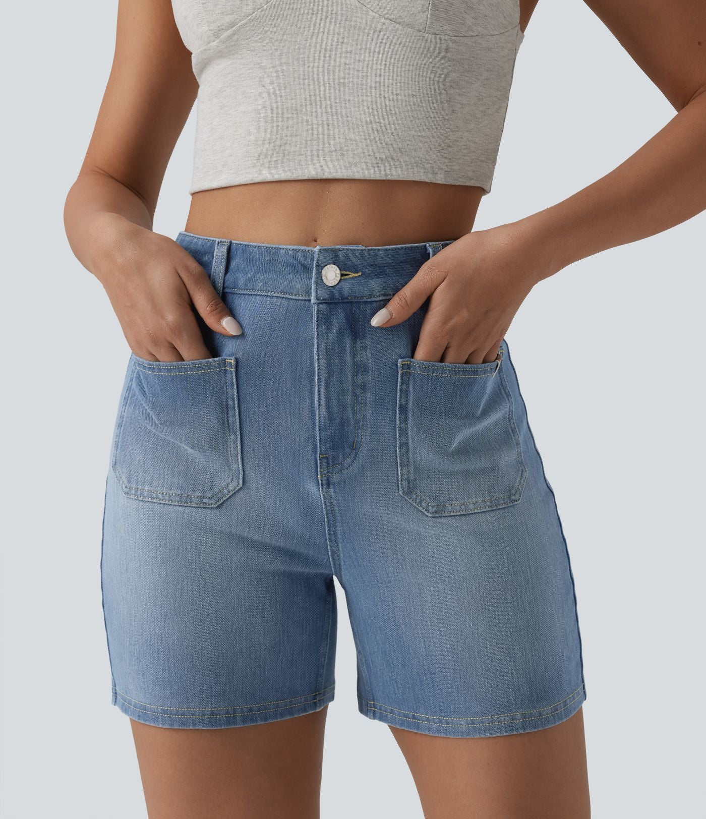 Short denim décontracté Halara Flex™ délavé taille haute 10 cm avec poches