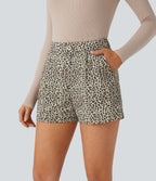 Short en coton décontracté taille haute, poches latérales et imprimé léopard