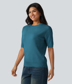 Pull col rond manches courtes en tissu gaufré