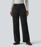 Pantalon droit casual en velours côtelé molletonné taille mi-haute avec poches