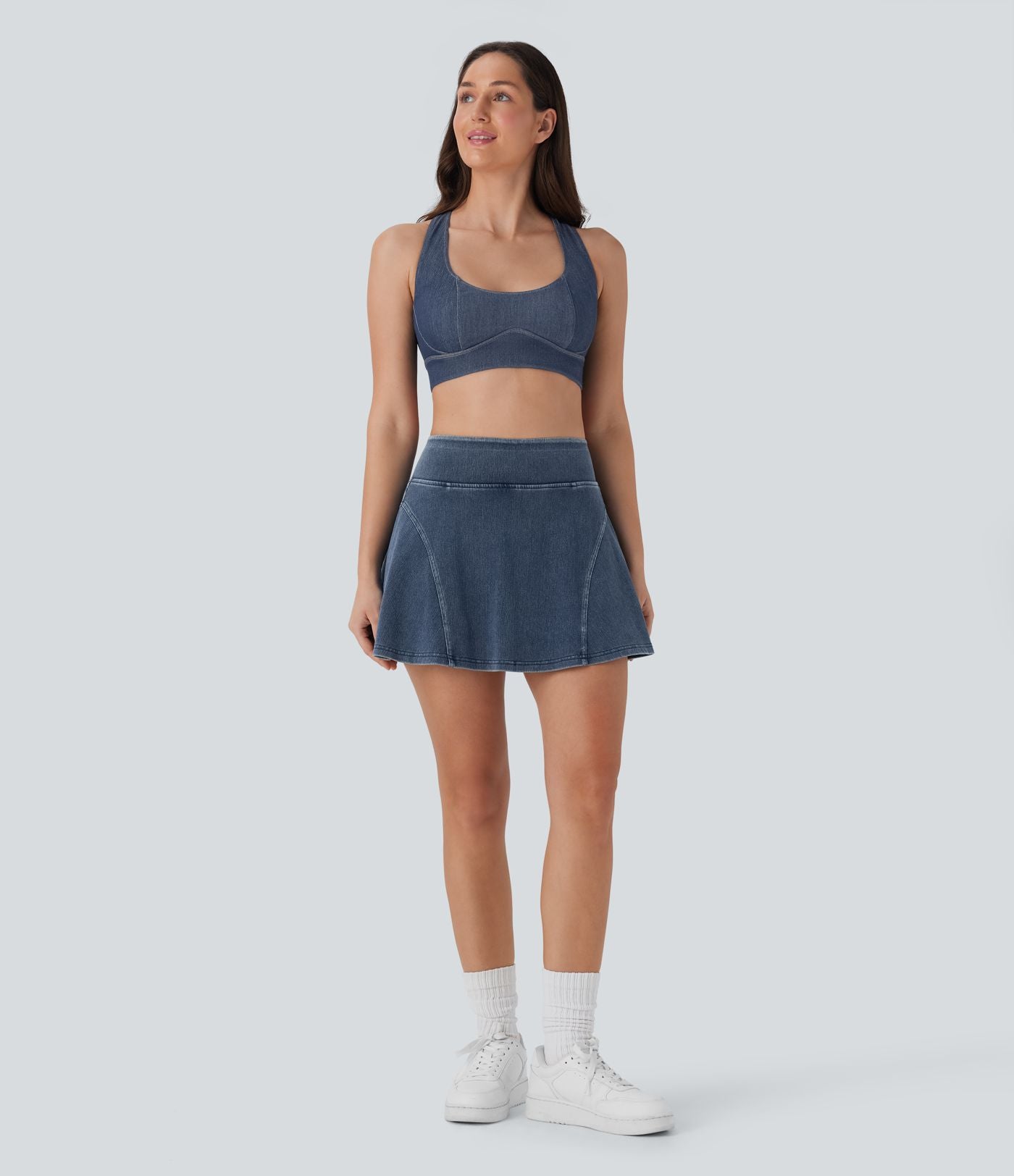 Mini-jupe décontractée Halara Flex™ évasée 2-en-1 taille haute en denim stretch lavé avec poches