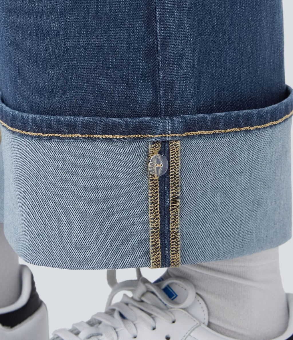 Jean décontracté Halara Flex™ taille haute jambes larges avec poches multiples et ourlet ajustable, en maille extensible effet délavé