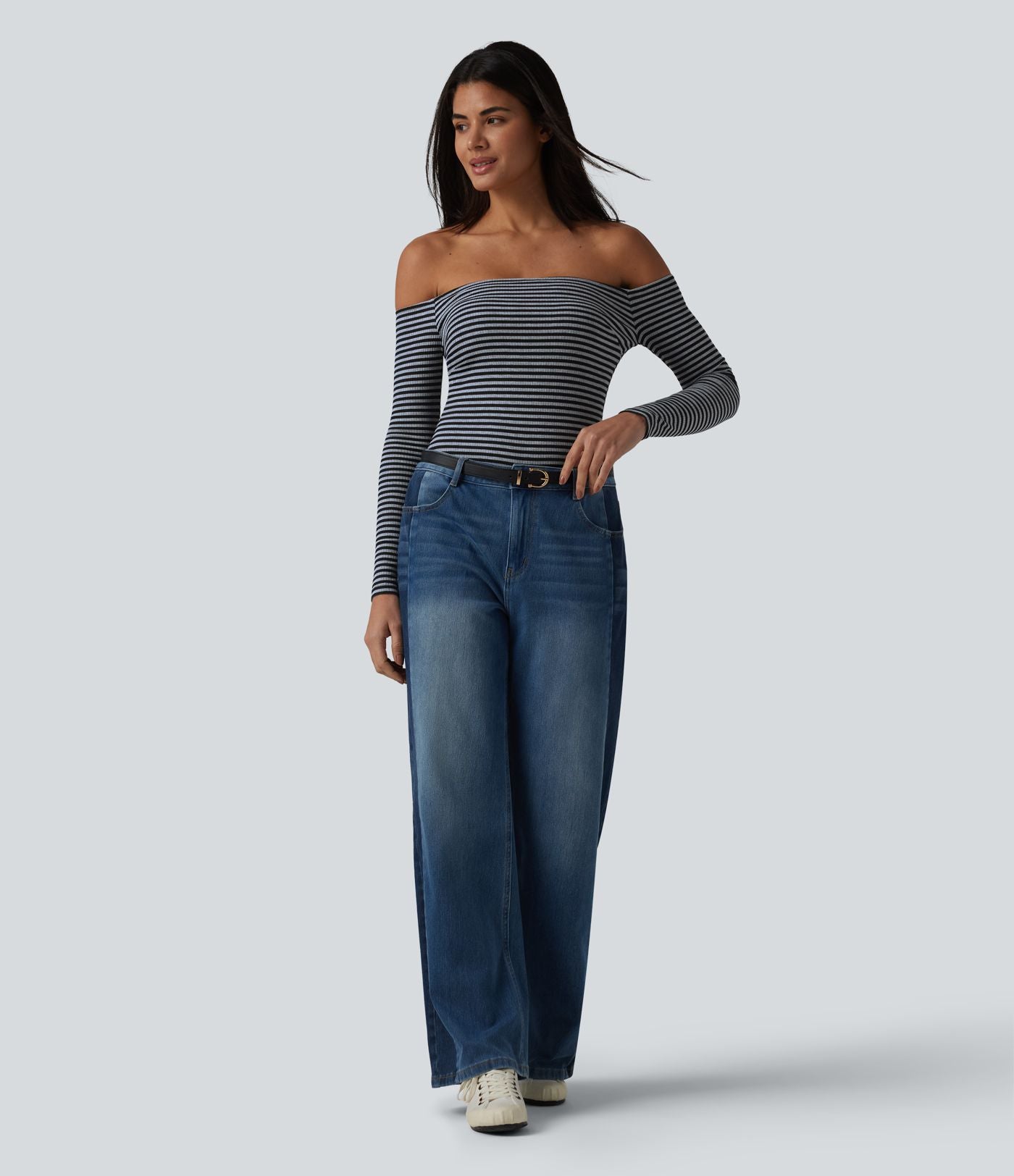 T-shirt casual rayé en maille côtelée à épaules dénudées, manches longues et soutien-gorge intégré