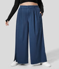Pantalon Large Casual Taille Haute Boutonnés Fermeture Éclair Plissé Poches Latérales Ourlet Fendu Grande Taille