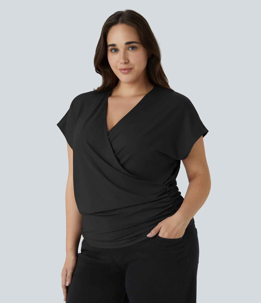 Blouse Travail Unie Froncée Croisée Manches Courtes Col en V Grande Taille