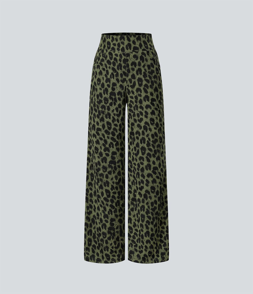 Pantalon large décontracté taille haute gaufré imprimé léopard avec poches