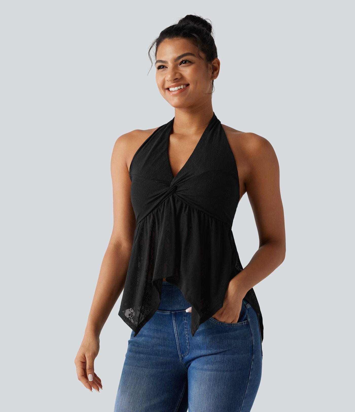 Chemisier casual en dentelle dos nu ourlet à volants avec brassière intégrée