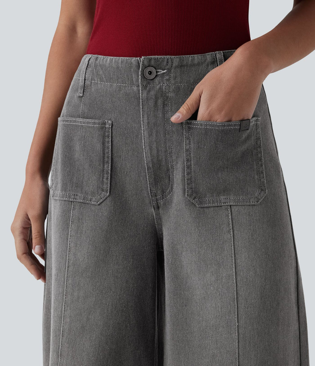 Halara Flex™ Jean large Palazzo et Taille Haute avec Poches Avant en Tricot Extensible Lavé