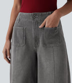 Halara Flex™ Jean large Palazzo et Taille Haute avec Poches Avant en Tricot Extensible Lavé