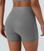 Short cycliste de yoga en similicuir à taille haute avec poches latérales 10 cm