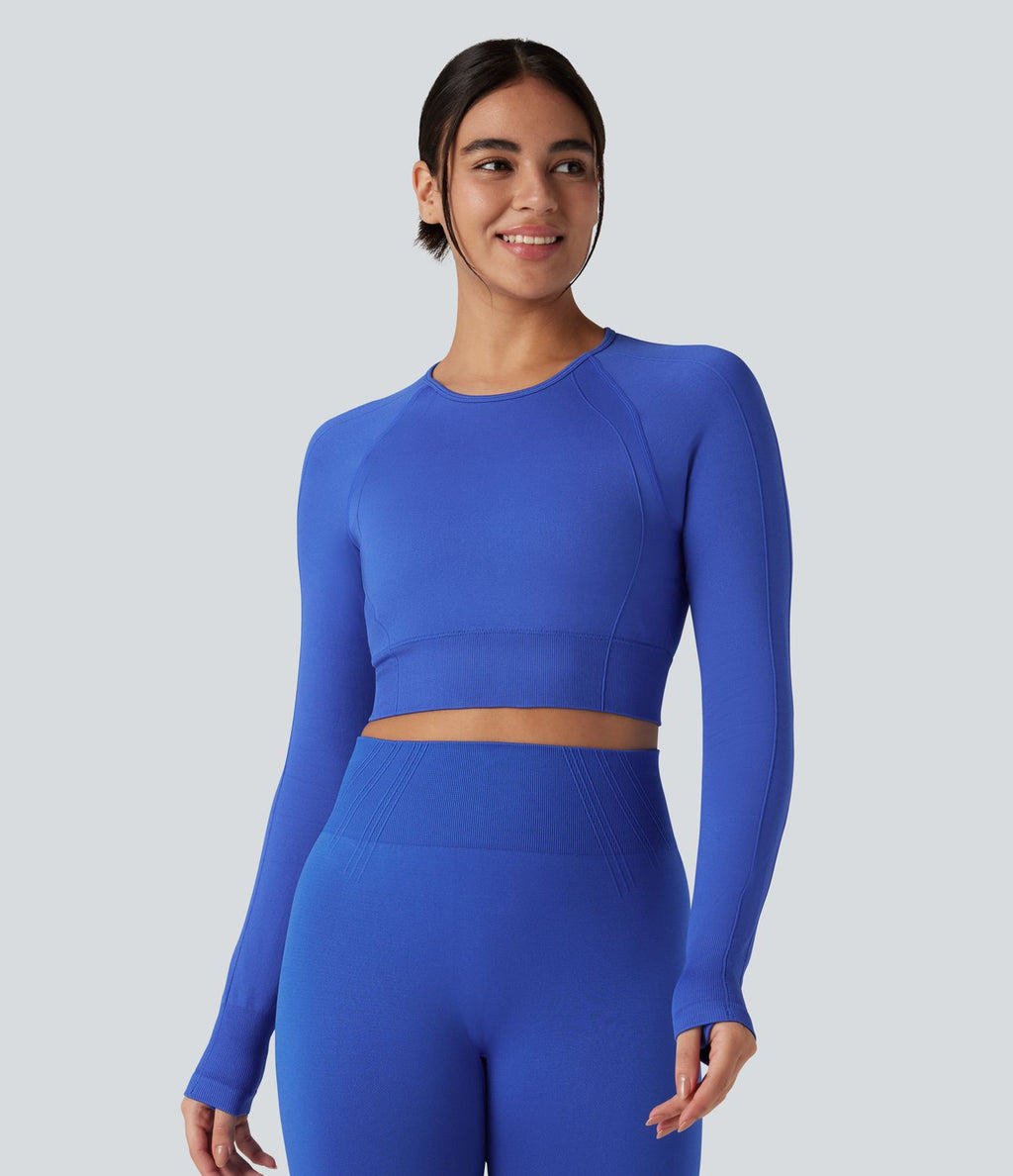 Haut de sport yoga court col rond à manches longues avec passants pouces sans couture OneForm Seamless Flow