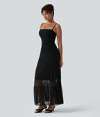 Robe longue fluide mesh contrastant avec volants à l'ourlet et coussinets fixes