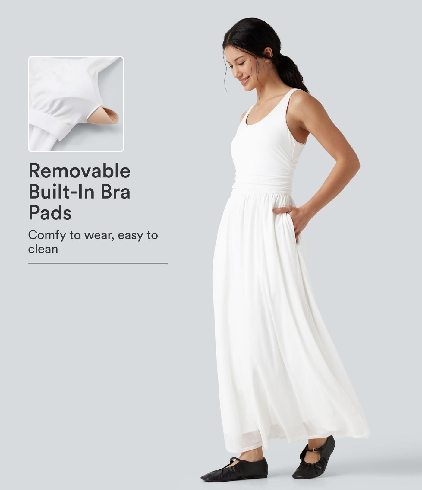 Robe maxi fluide sans manches à encolure U, superposition en mesh, poches et coussinets amovibles