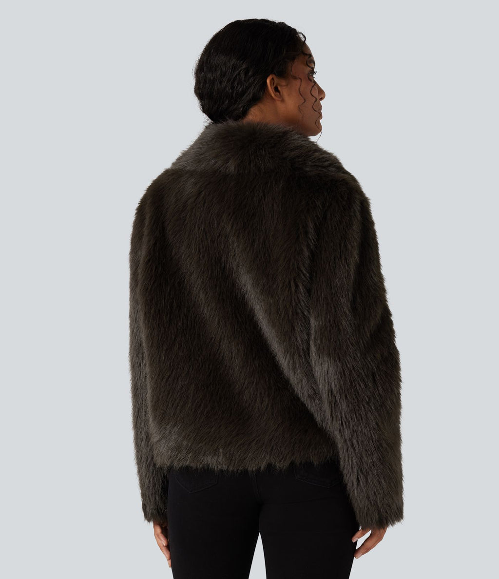 Manteau cape fausse fourrure col revers manches longues avec poches