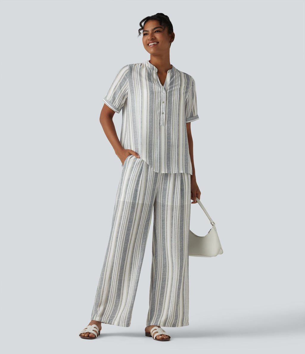 Blouse décontractée col V manches courtes à rayures