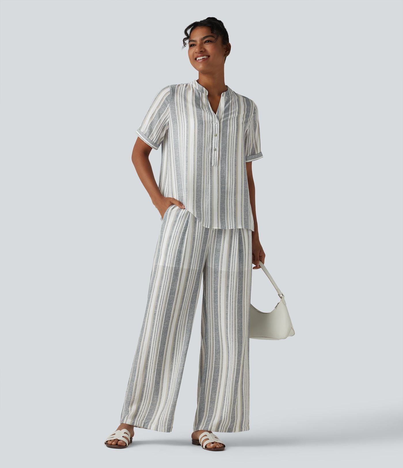Blouse décontractée col V manches courtes à rayures