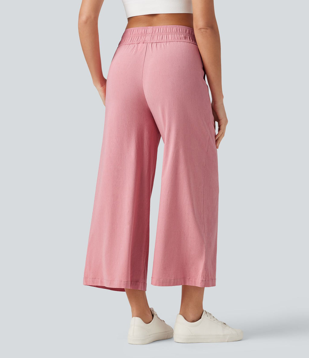 Pantalon large fluide 7/8 taille mi-haute en lin extensible avec poches