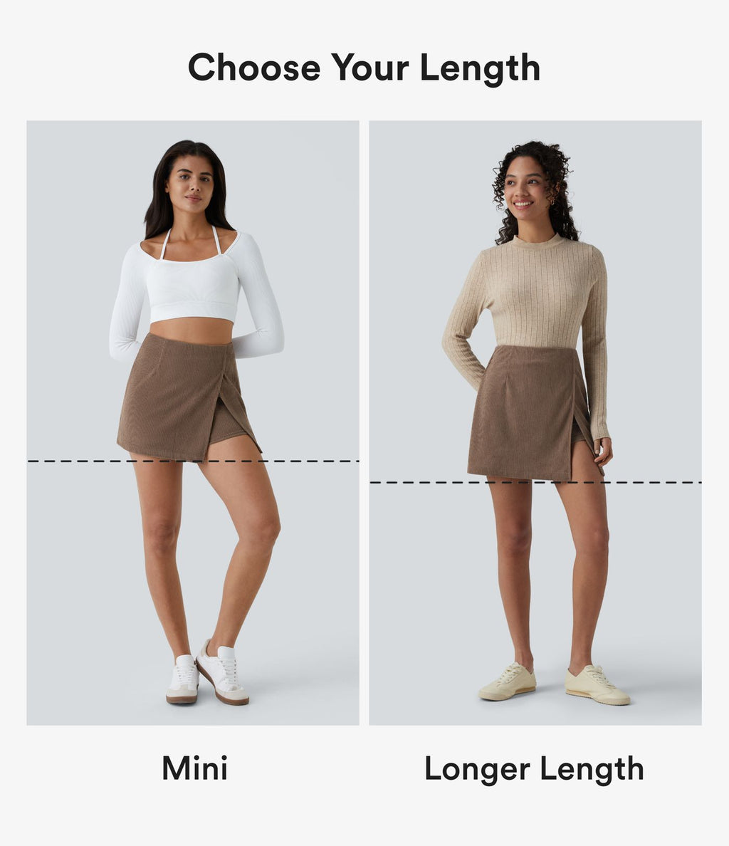 Jupe-short décontractée taille haute en velours côtelé avec zip arrière et fentes - Longueur plus longue