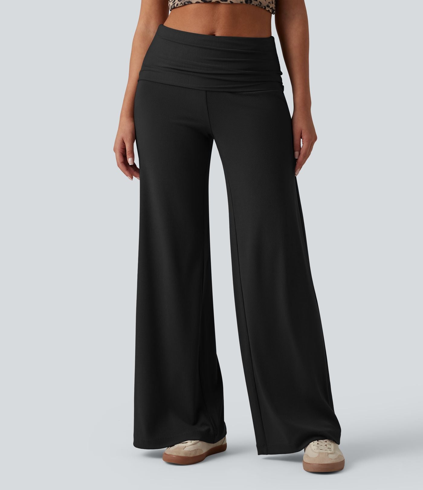 Pantalon ample décontracté en maille côtelée taille très haute rabattable avec poches