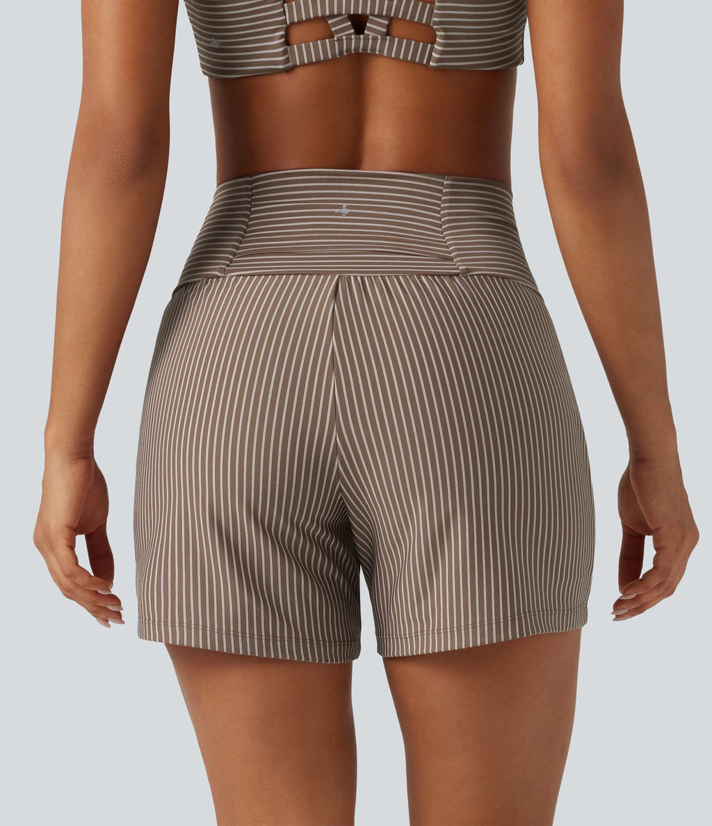 Short de yoga 2-en-1 à rayures, taille très haute, 12,5 cm, à poches