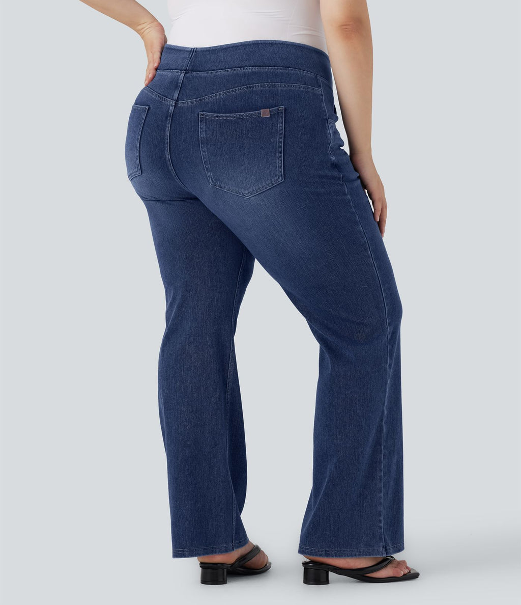 Jean décontracté Halara Flex™ grande taille bootcut taille haute en maille extensible délavée avec multiples poches