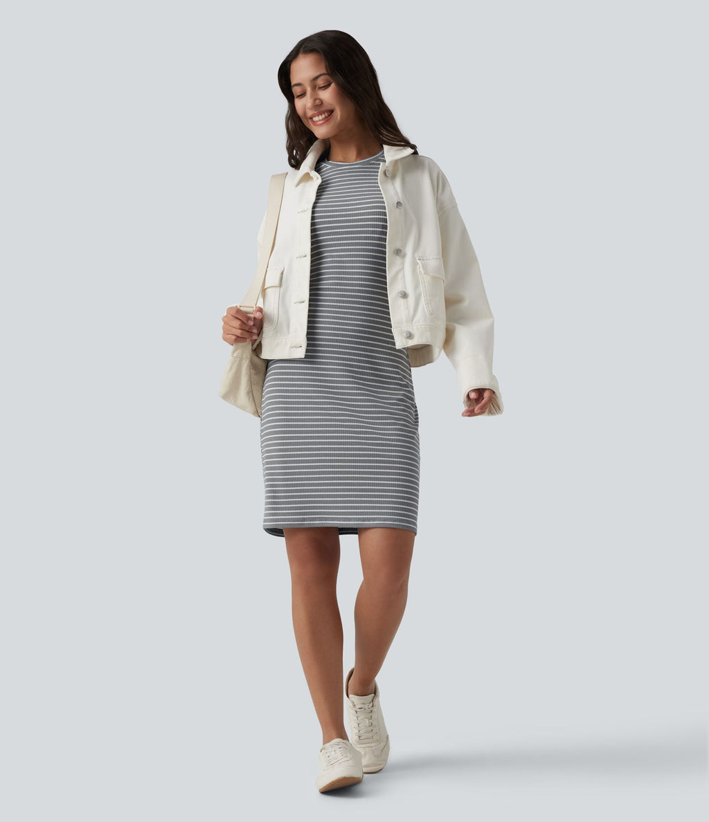 Robe courte moulante casual col rond manches courtes à rayures avec brassière intégrée
