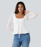Top babydoll de soirée col U à manches longues avec dentelle contrastante et cordon de serrage