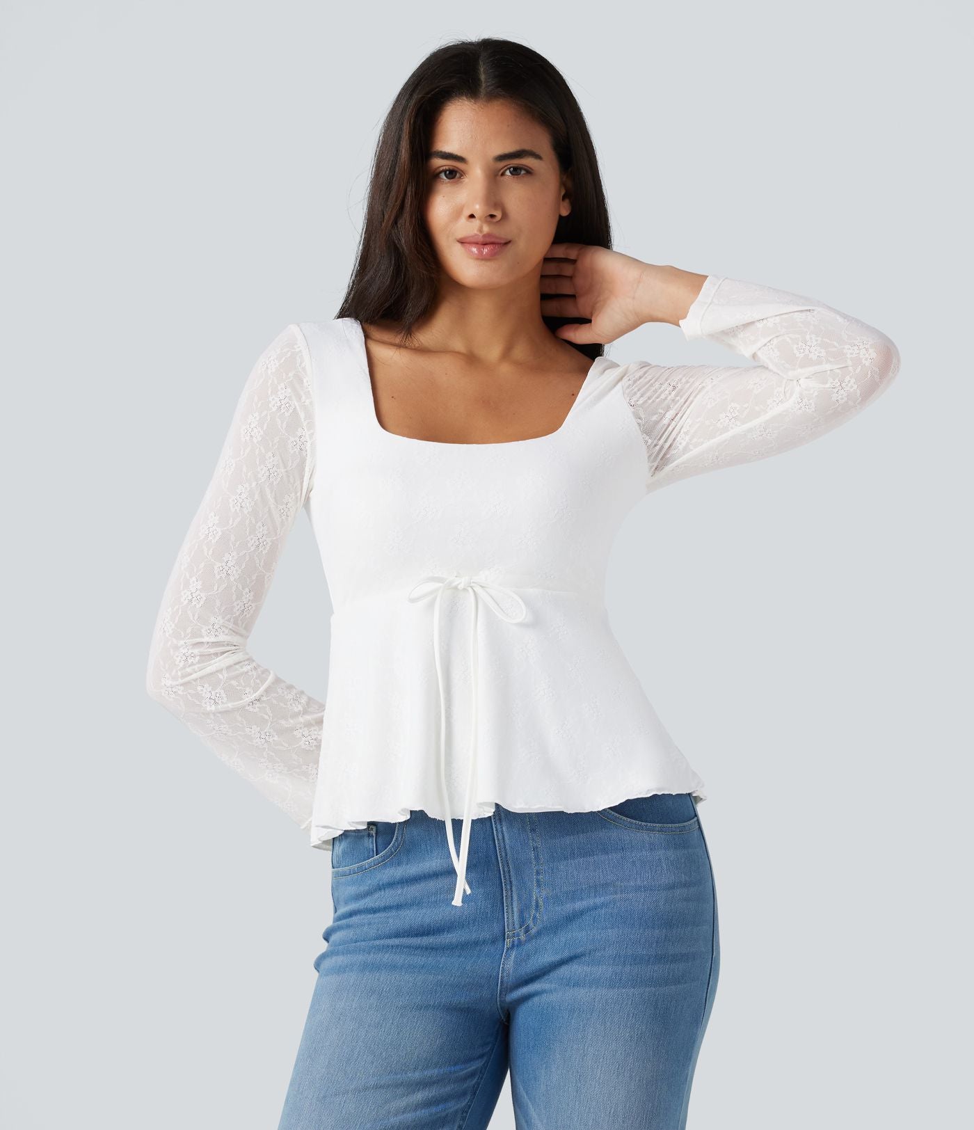 Top babydoll de soirée col U à manches longues avec dentelle contrastante et cordon de serrage