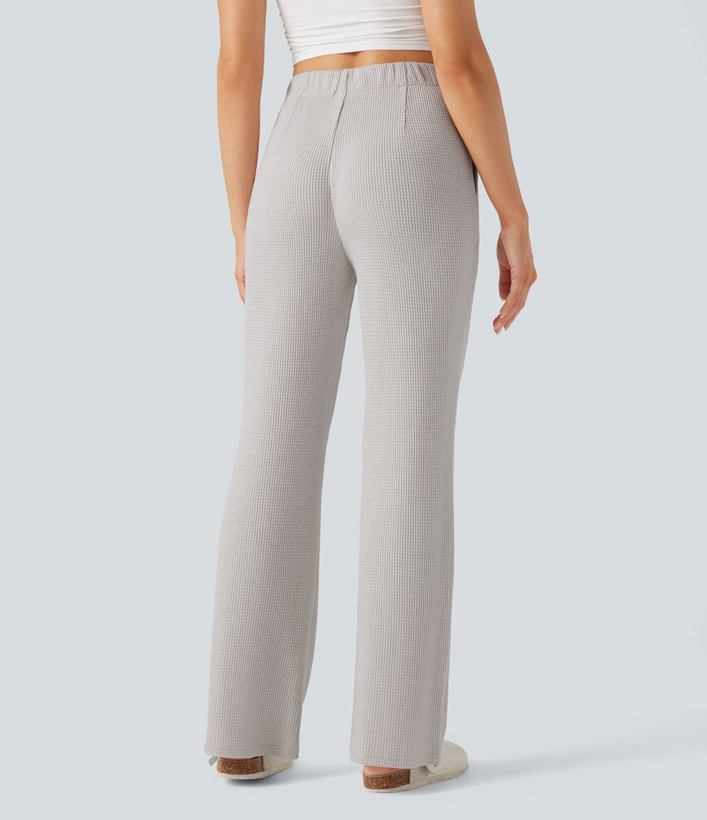 Pantalon décontracté évasé maille gaufrée taille haute avec poches