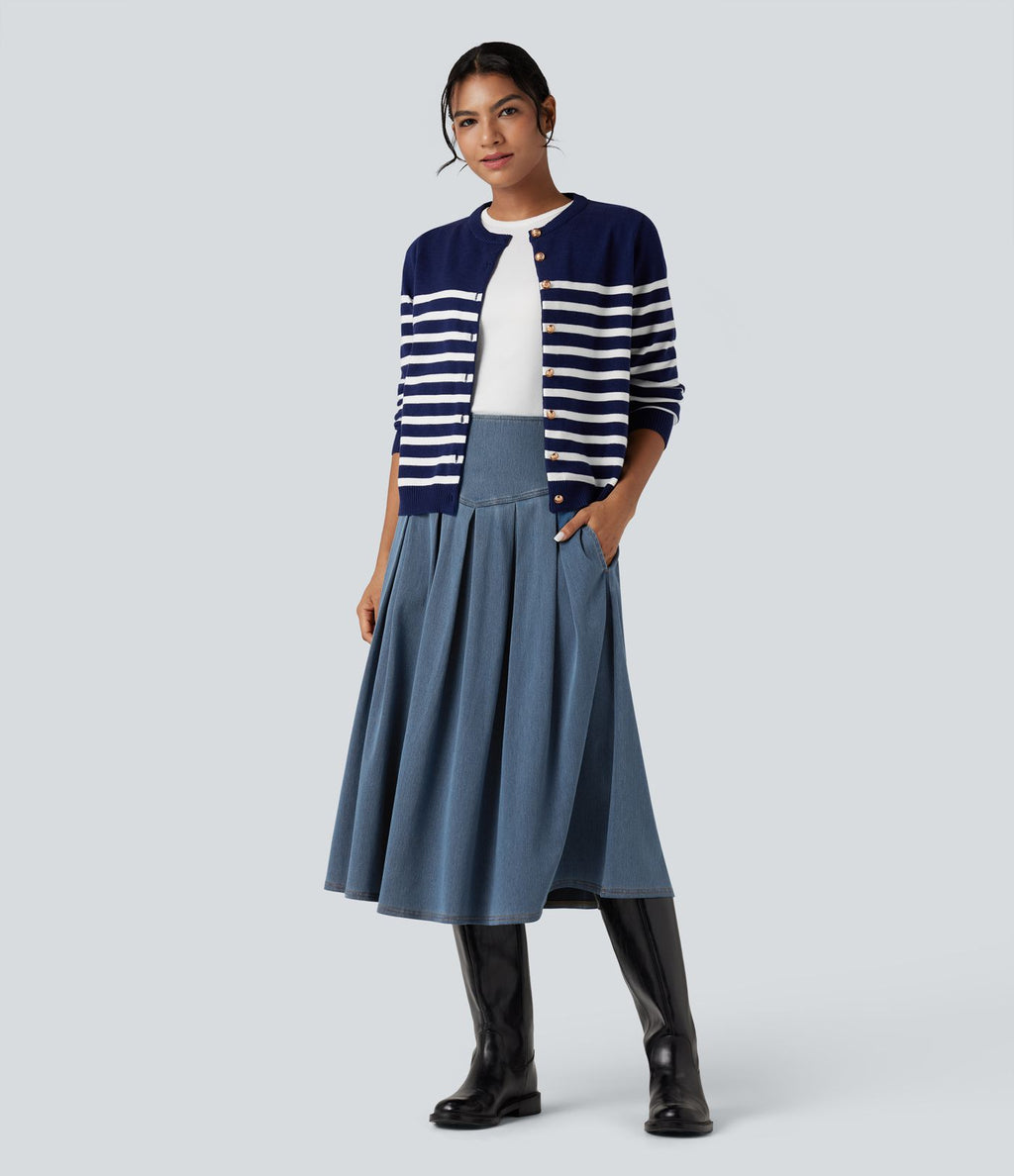 Jupe mi-longue décontractée plissée gainante taille haute effet denim avec poches Halara Flex™