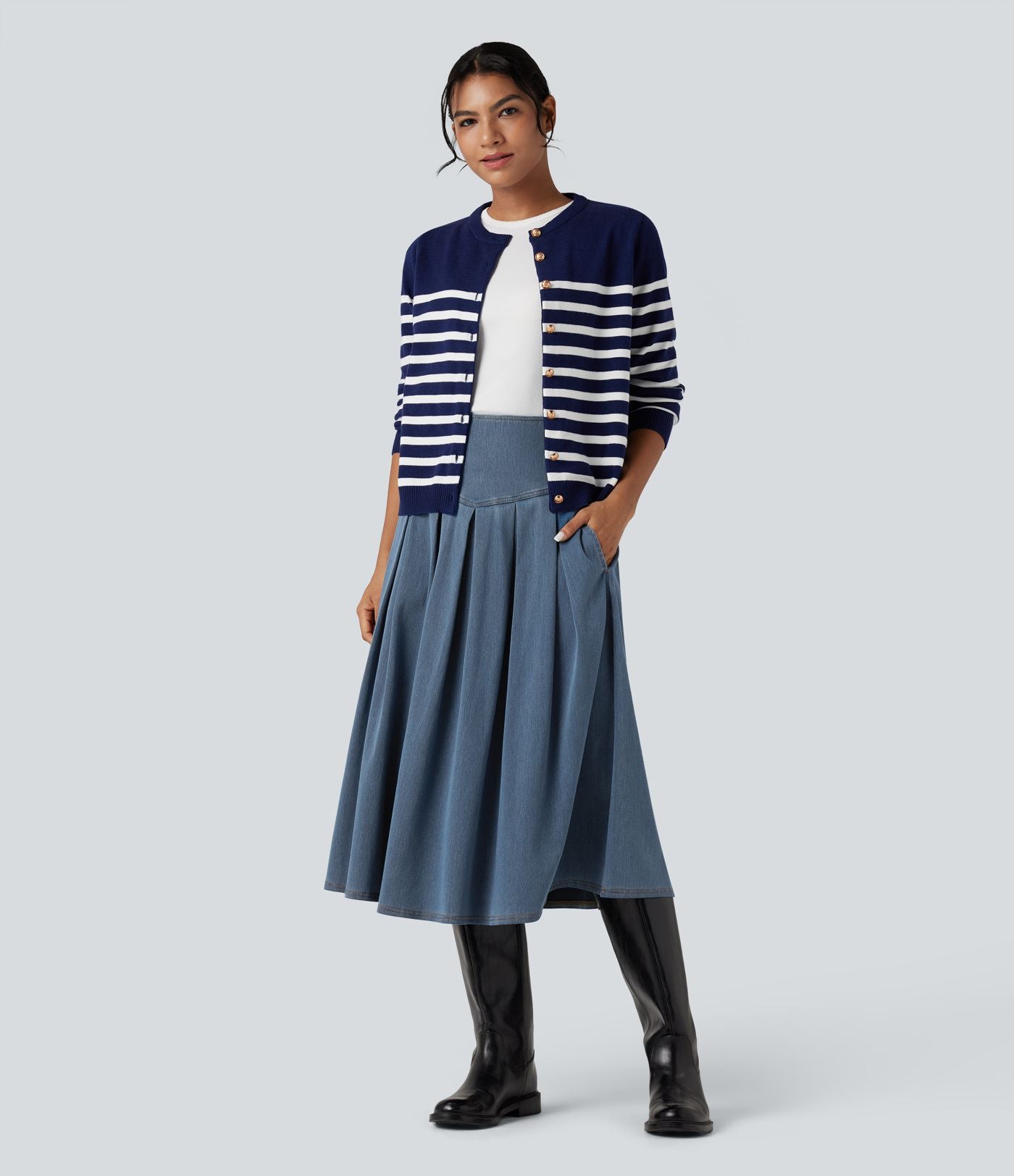 Jupe mi-longue décontractée plissée gainante taille haute effet denim avec poches Halara Flex™