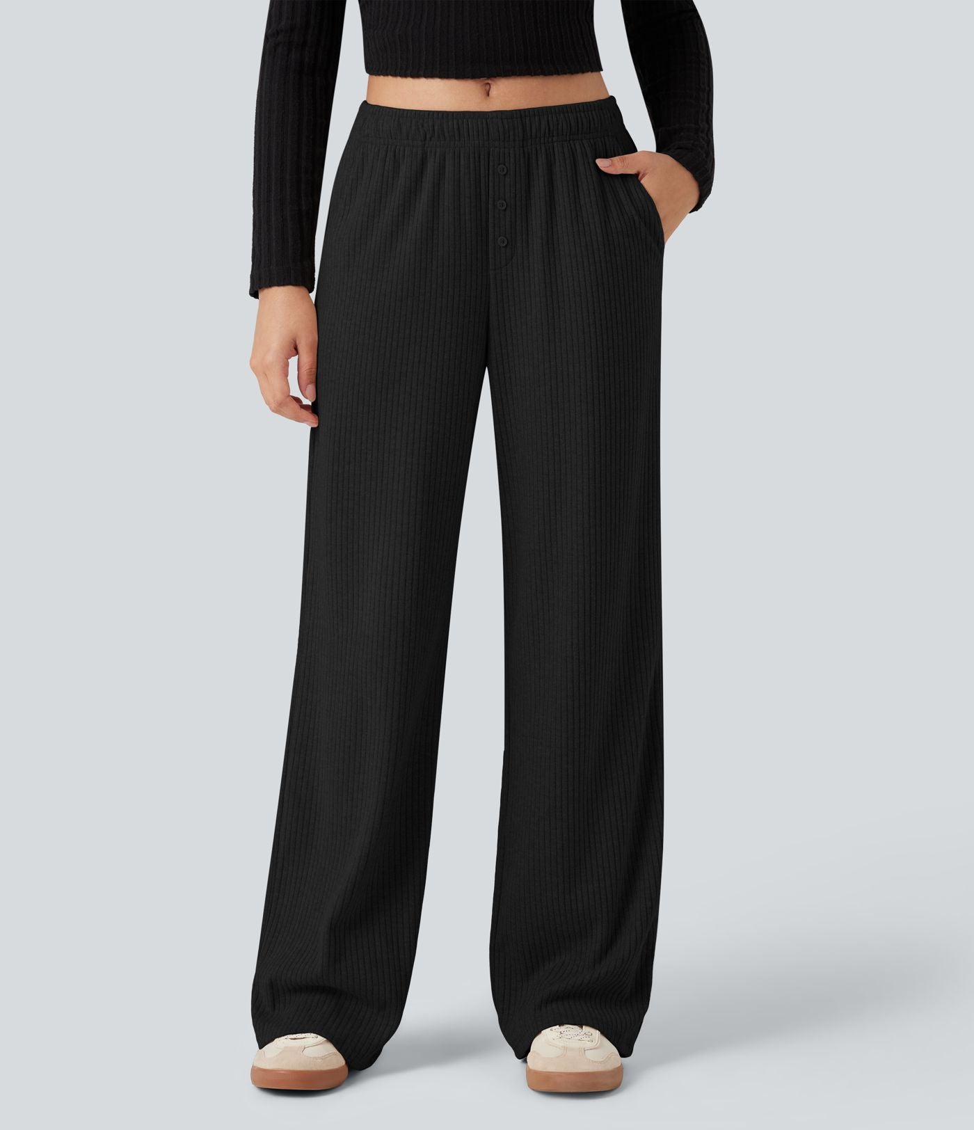 Pantalon large côtelé taille basse pliable avec cordon de serrage et poches